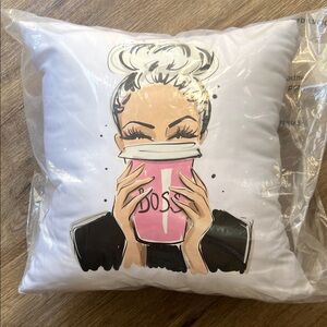 Stylish White Pillow with Pink Boss Design